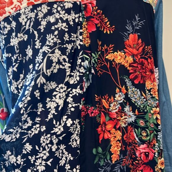 EUC Caleoas Mixed Media‎ Patchwork Drapey Button Down Top Blouse Large L Boho - Picture 9 of 16